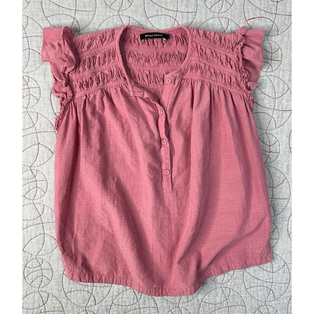 Magali Pascal‎ Peasant Blouse Pink Smocked Flutter Sleeve / Women's Small